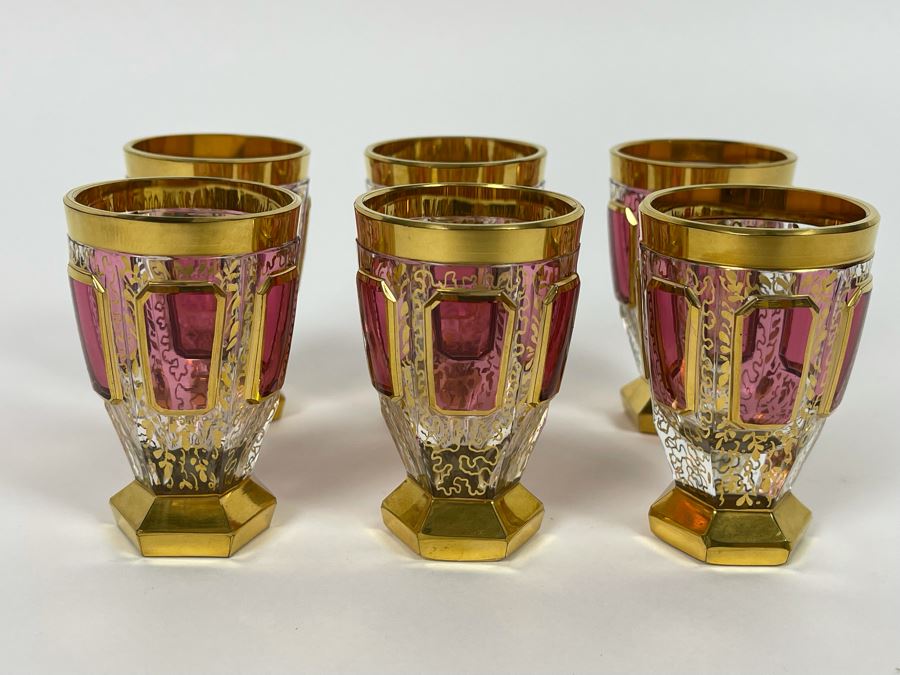 Set Of Six Hand Painted Gold And Ruby Footed Shot Glasses 2.5H [Photo 2]
