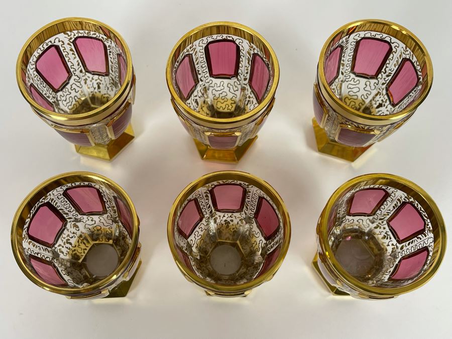 Set Of Six Hand Painted Gold And Ruby Footed Shot Glasses 2.5H [Photo 5]