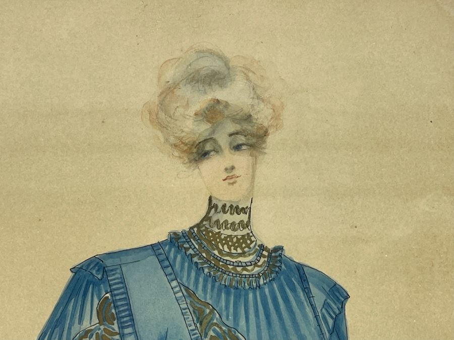 Vintage Pair Of Framed Hand Illustrated Costume Fashion Designs Watercolor Artwork 11 X 14 [Photo 4]