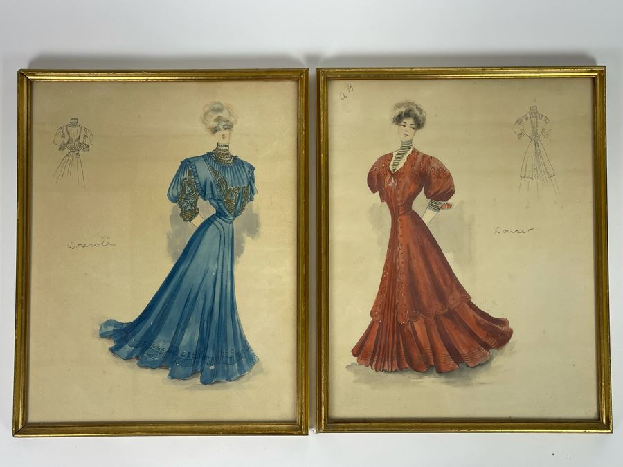 Vintage Pair Of Framed Hand Illustrated Costume Fashion Designs Watercolor Artwork 11 X 14 [Photo 2]
