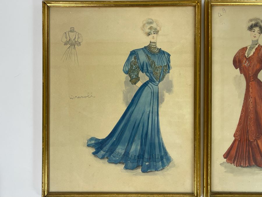 Vintage Pair Of Framed Hand Illustrated Costume Fashion Designs Watercolor Artwork 11 X 14 [Photo 3]