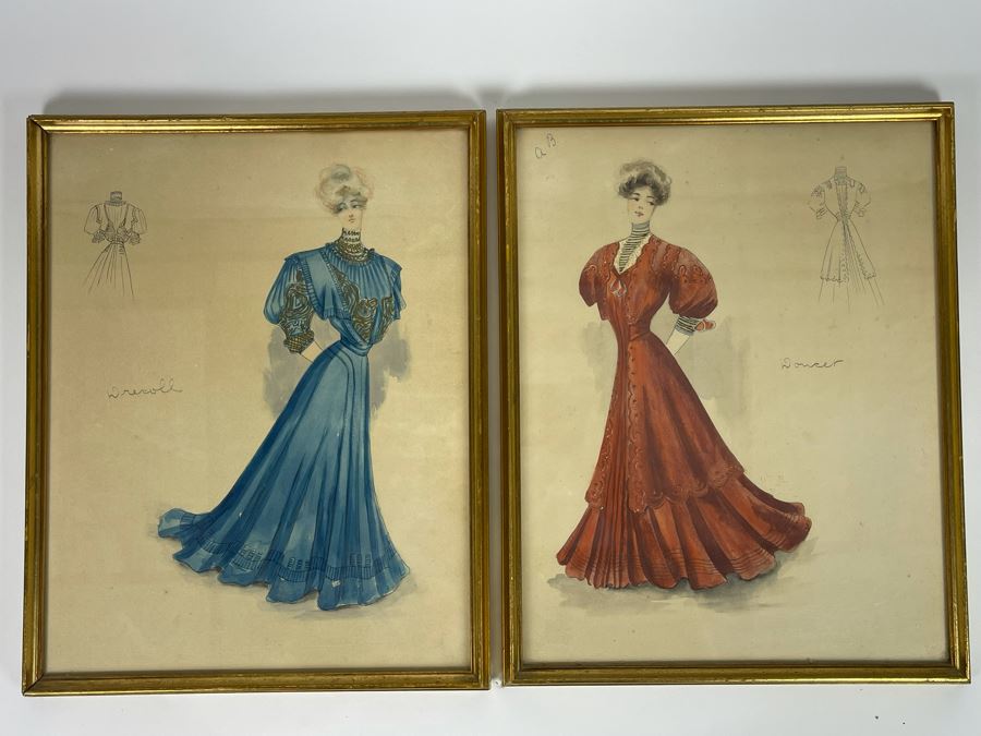 Vintage Pair Of Framed Hand Illustrated Costume Fashion Designs Watercolor Artwork 11 X 14