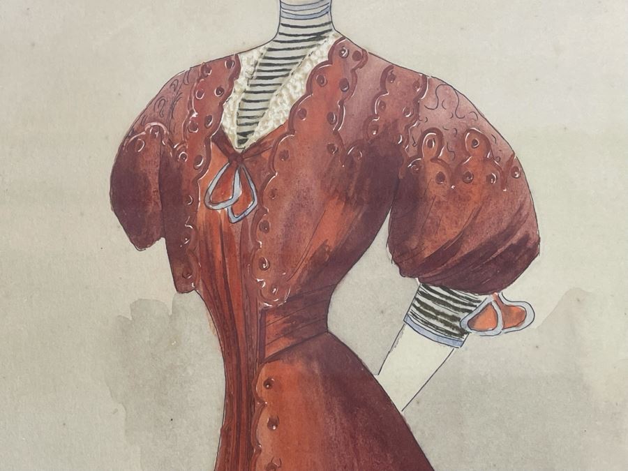 Vintage Pair Of Framed Hand Illustrated Costume Fashion Designs Watercolor Artwork 11 X 14 [Photo 12]