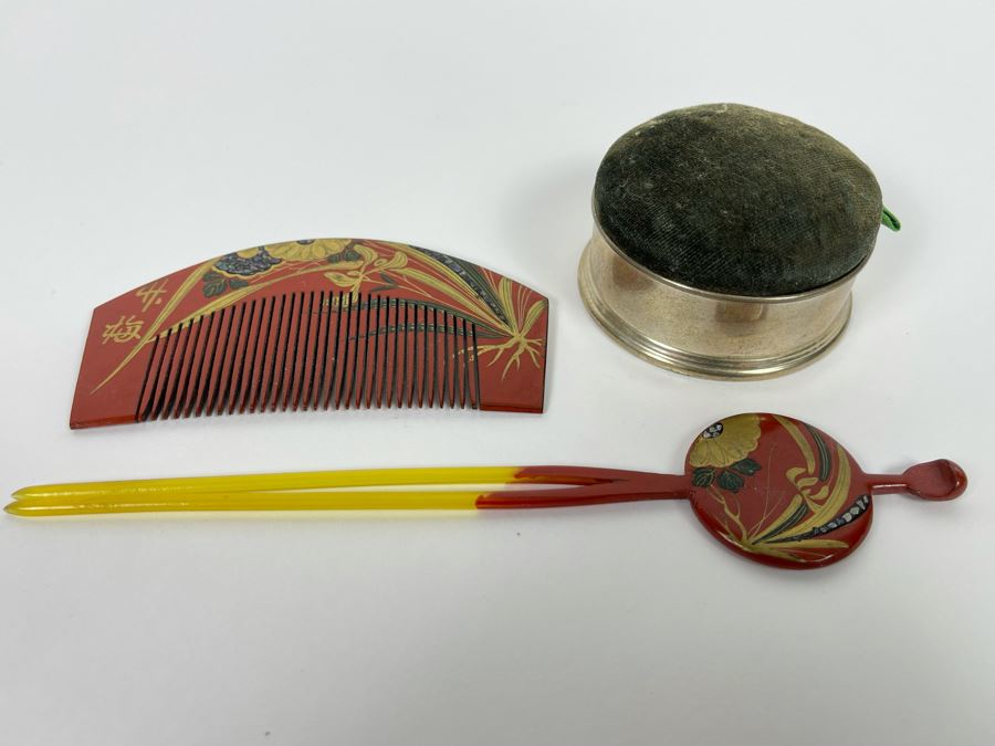 Sterling Silver Pin Cushion Trinket Box 2.5R And Vintage Hand Painted Japanese Lacquer Geisha Hair Pin & Comb Set