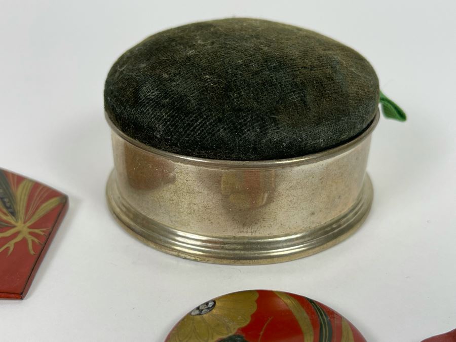 Sterling Silver Pin Cushion Trinket Box 2.5R And Vintage Hand Painted Japanese Lacquer Geisha Hair Pin & Comb Set [Photo 4]
