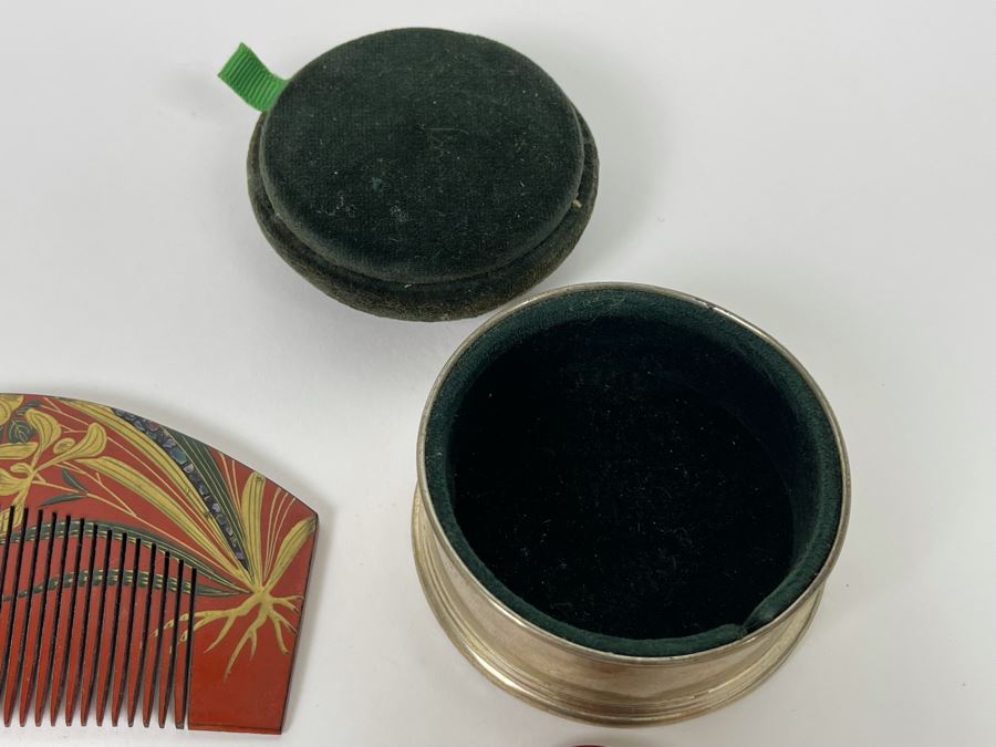 Sterling Silver Pin Cushion Trinket Box 2.5R And Vintage Hand Painted Japanese Lacquer Geisha Hair Pin & Comb Set [Photo 5]