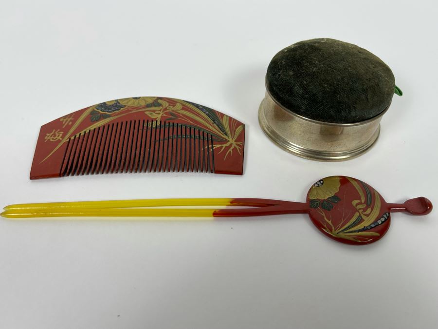 Sterling Silver Pin Cushion Trinket Box 2.5R And Vintage Hand Painted Japanese Lacquer Geisha Hair Pin & Comb Set [Photo 2]