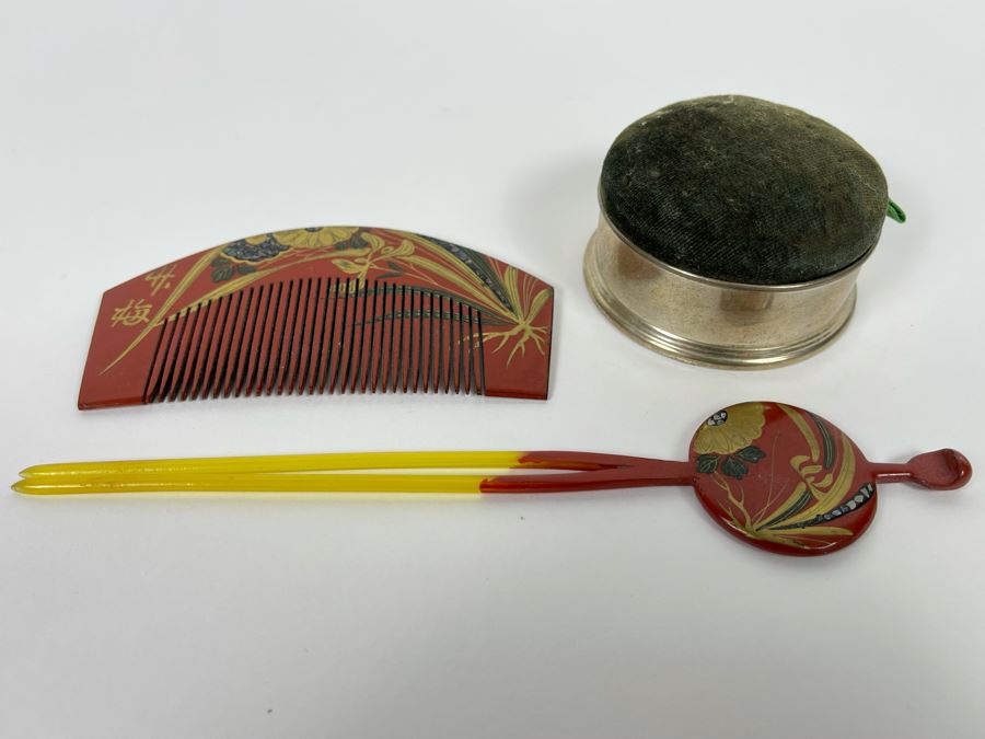 Sterling Silver Pin Cushion Trinket Box 2.5R And Vintage Hand Painted Japanese Lacquer Geisha Hair Pin & Comb Set [Photo 3]