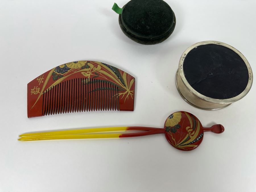 Sterling Silver Pin Cushion Trinket Box 2.5R And Vintage Hand Painted Japanese Lacquer Geisha Hair Pin & Comb Set [Photo 11]