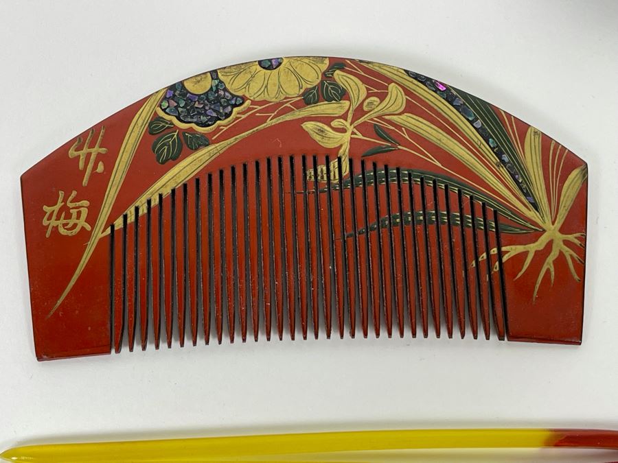 Sterling Silver Pin Cushion Trinket Box 2.5R And Vintage Hand Painted Japanese Lacquer Geisha Hair Pin & Comb Set [Photo 9]