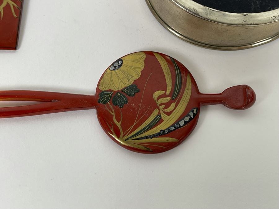Sterling Silver Pin Cushion Trinket Box 2.5R And Vintage Hand Painted Japanese Lacquer Geisha Hair Pin & Comb Set [Photo 10]
