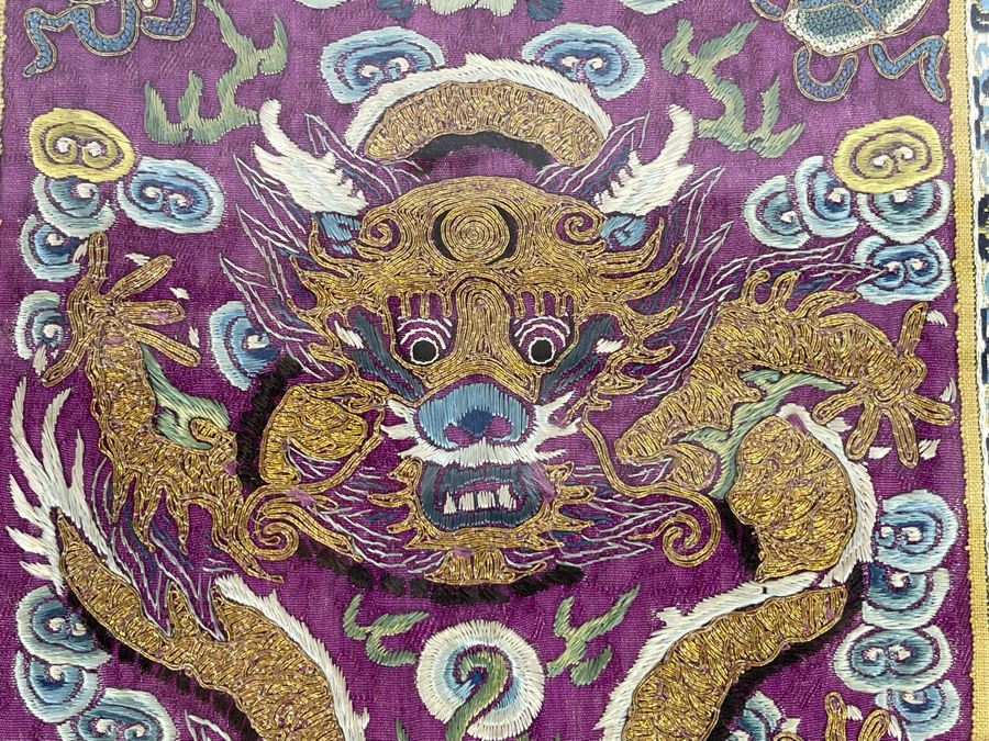 Impressive Antique Chinese Purple Silk Gold Dragon Embroidery Framed ...