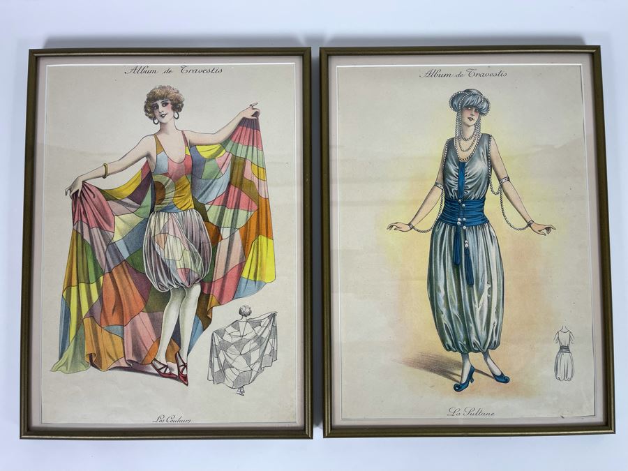 Pair Of Vintage Framed Costume Fashion Design Prints From The Art Deco French Masquerade Costume Album Folio Album De Travestis 10 X 14 Each