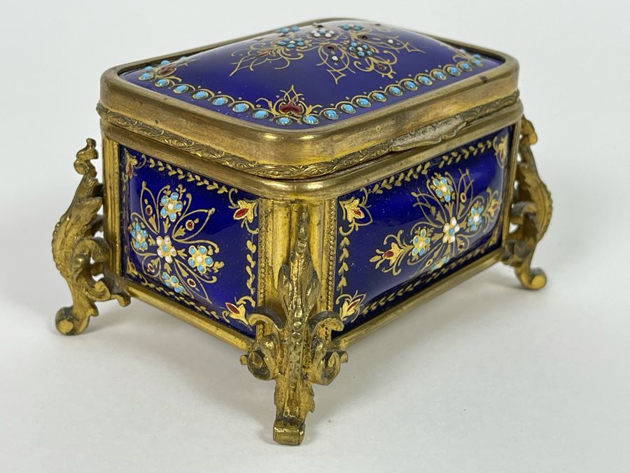 Vintage Hand Painted Decorated Footed Jewelry Box With Gilt Metal And Tufted Cushion Lining 3.5W X 2.5D X 2.25H [Photo 7]