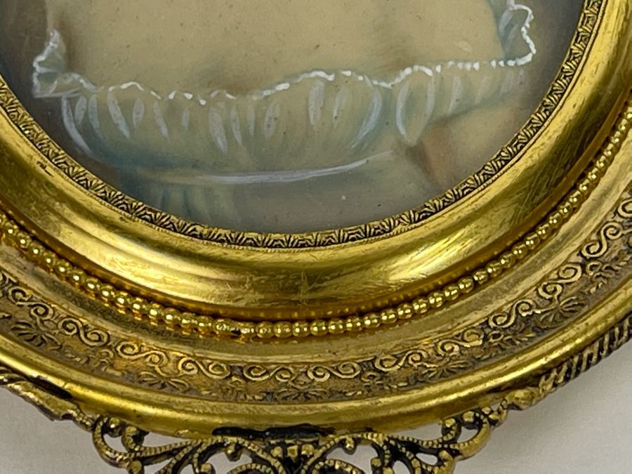 Antique Hand Painted Porcelain Portrait In Stunning Gilded Metal Frame 4.5W X 6.5H [Photo 10]