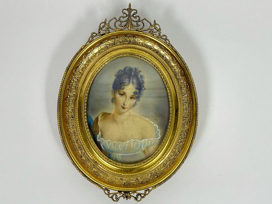 Antique Hand Painted Porcelain Portrait In Stunning Gilded Metal Frame 4.5W X 6.5H [Photo 2]