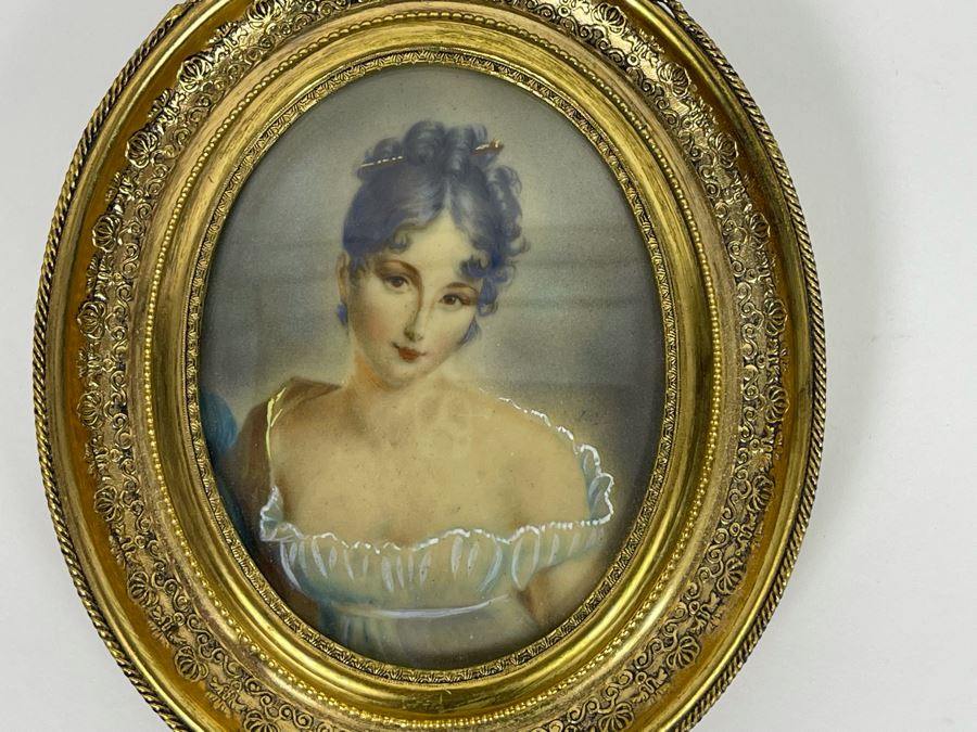Antique Hand Painted Porcelain Portrait In Stunning Gilded Metal Frame 4.5W X 6.5H [Photo 4]