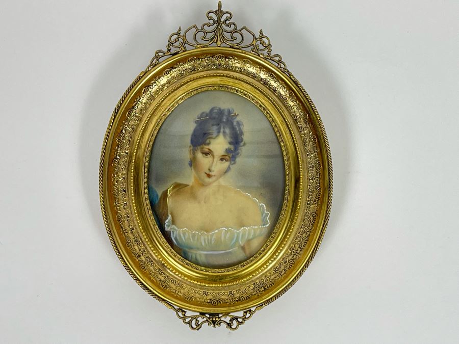 Antique Hand Painted Porcelain Portrait In Stunning Gilded Metal Frame 4.5W X 6.5H [Photo 3]
