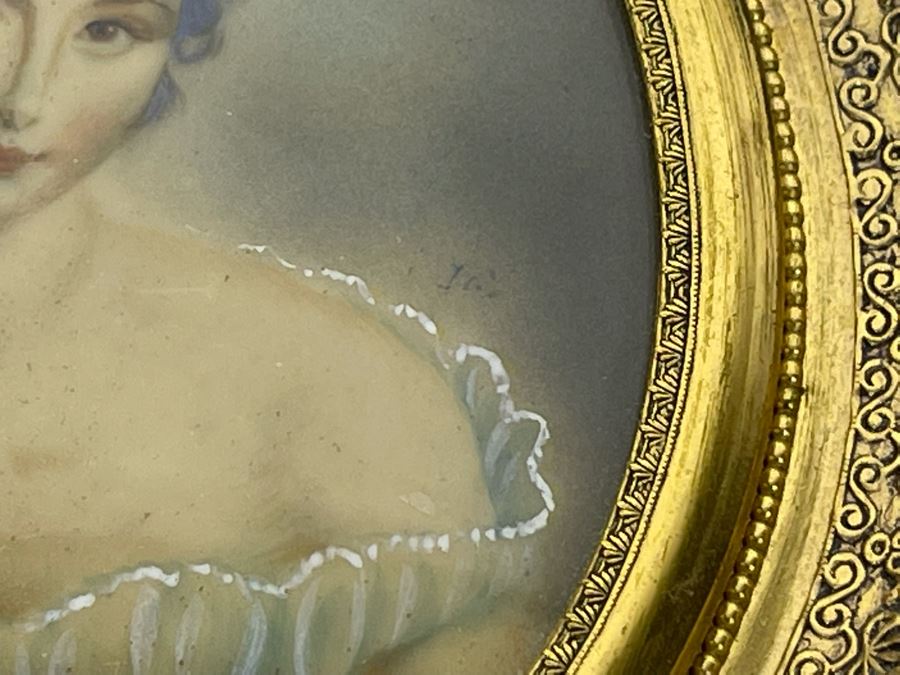 Antique Hand Painted Porcelain Portrait In Stunning Gilded Metal Frame 4.5W X 6.5H [Photo 9]