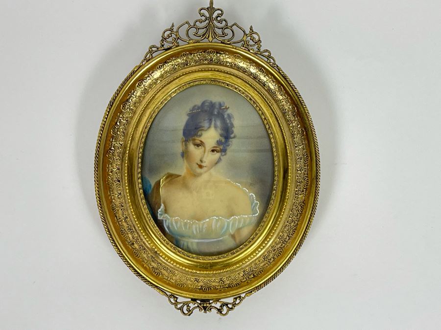 Antique Hand Painted Porcelain Portrait In Stunning Gilded Metal Frame 4.5W X 6.5H