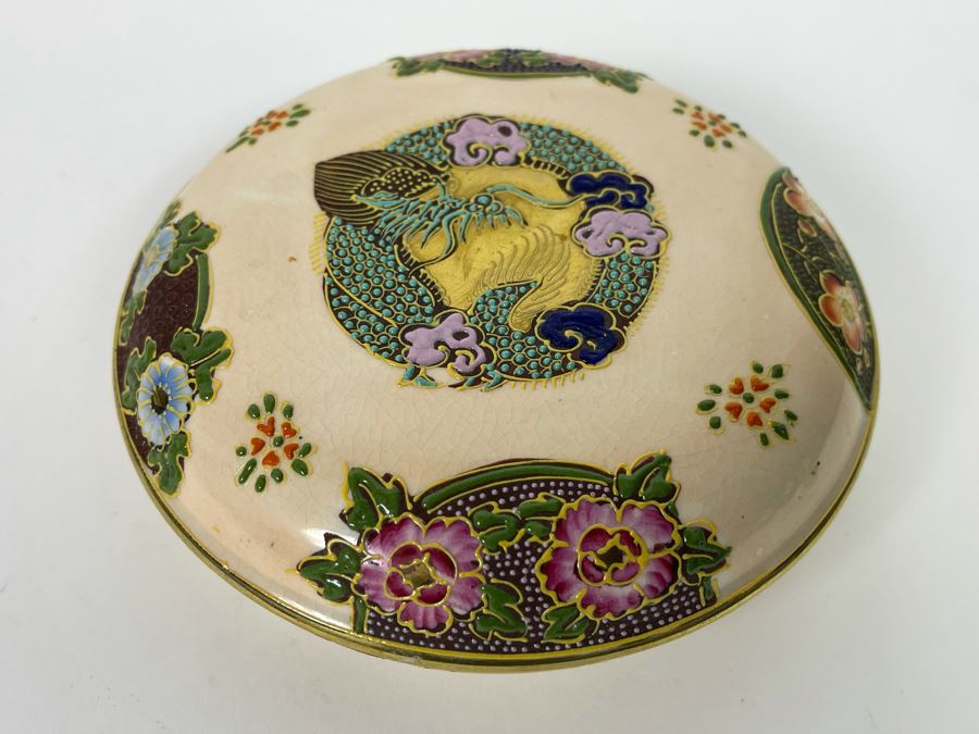 Hand Painted Satsuma Design Porcelain Lidded Box Made In Japan 5.25R