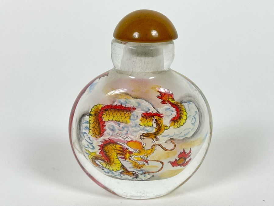 Reverse Painted Chinese Glass Bottle With Dragons 2H
