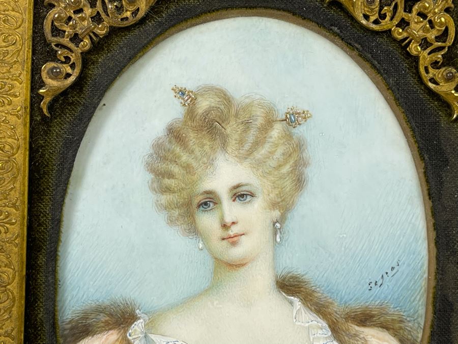 Antique Hand Painted Porcelain Portrait In Old Gilt Metal Frame From Collection Of Comtesse-Remy De Turique 4 X 5 [Photo 4]