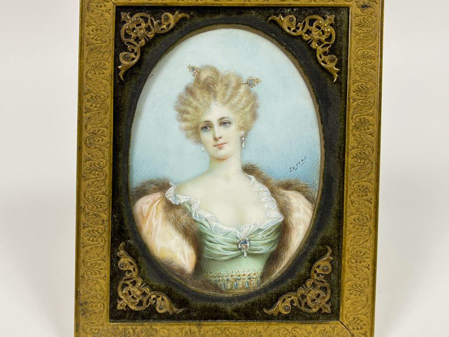 Antique Hand Painted Porcelain Portrait In Old Gilt Metal Frame From Collection Of Comtesse-Remy De Turique 4 X 5 [Photo 3]