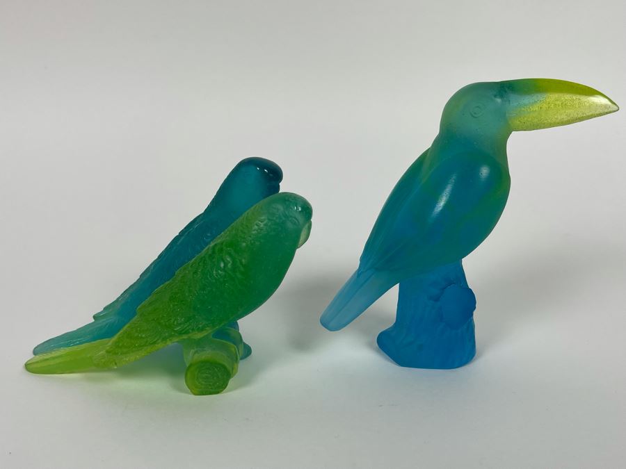 Pair Of Blue Daum France Animal Figurines - Pair Of Birds 3H And Toucan 4H [Photo 4]