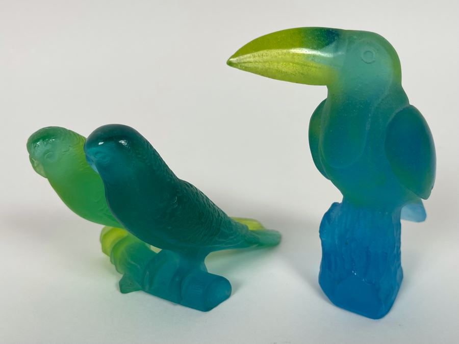 Pair Of Blue Daum France Animal Figurines - Pair Of Birds 3H And Toucan 4H [Photo 3]