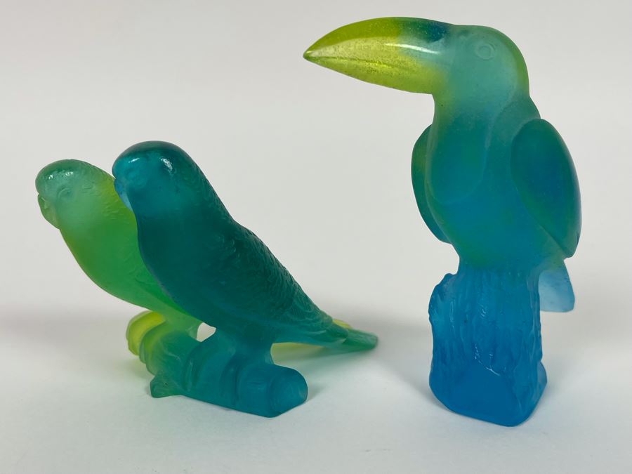 Pair Of Blue Daum France Animal Figurines - Pair Of Birds 3H And Toucan 4H [Photo 2]