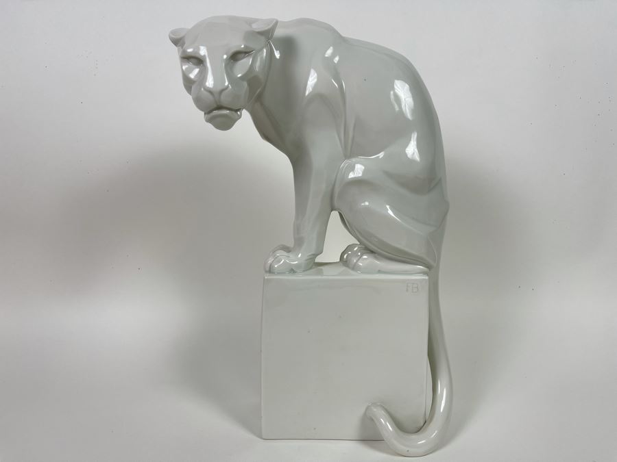 Franz Barwig (1868-1931) Art Deco Large Porcelain Panther On Pedestal Sculpture Made In Austria Wien Signed FB [Photo 4]