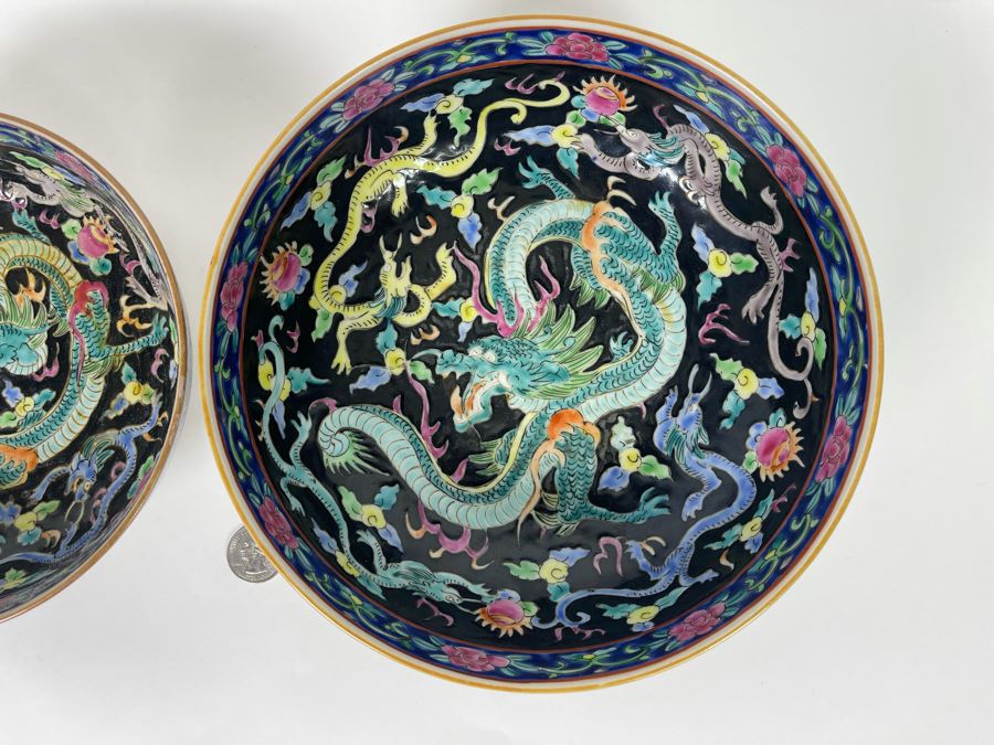 Pair Of Vintage Signed Hand Painted Chinese Dragon Motif Bowls 8.25R X 3.25H And 7R X 2.75H [Photo 6]