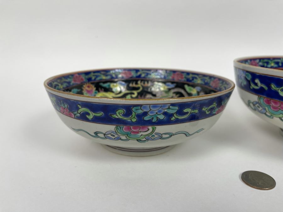 Pair Of Vintage Signed Hand Painted Chinese Dragon Motif Bowls 8.25R X 3.25H And 7R X 2.75H [Photo 11]