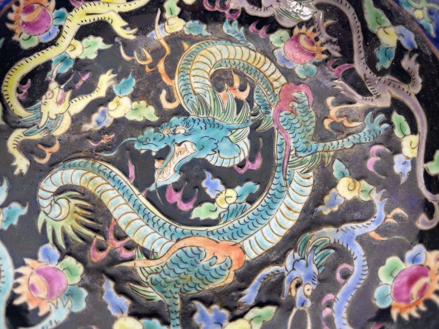 Pair Of Vintage Signed Hand Painted Chinese Dragon Motif Bowls 8.25R X 3.25H And 7R X 2.75H [Photo 10]