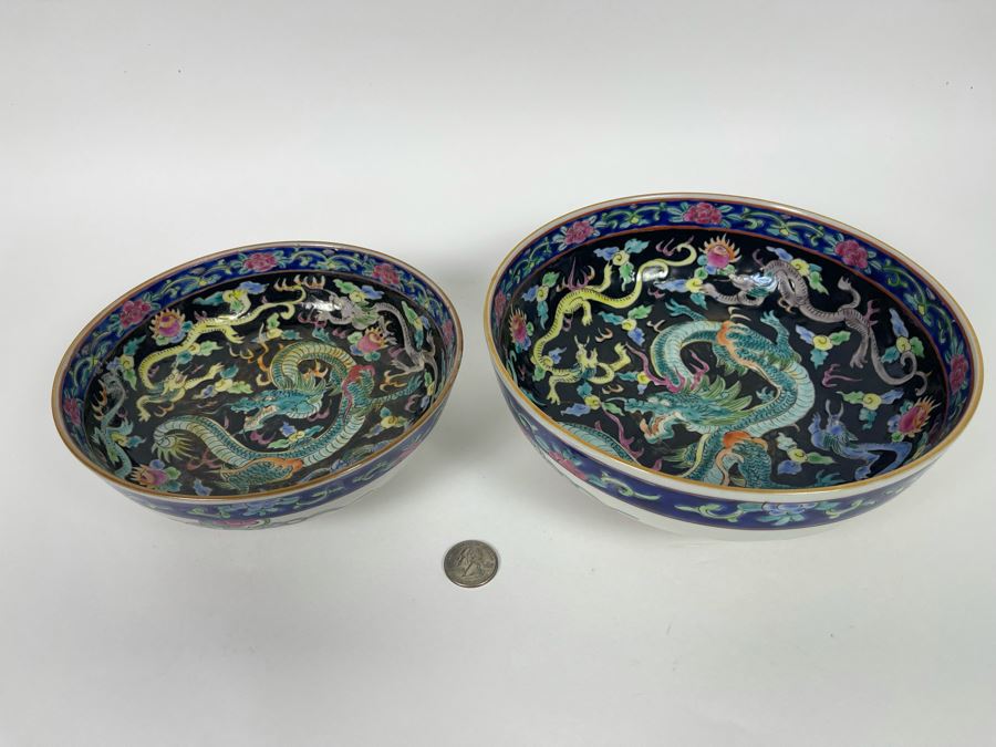 Pair Of Vintage Signed Hand Painted Chinese Dragon Motif Bowls 8.25R X 3.25H And 7R X 2.75H [Photo 5]
