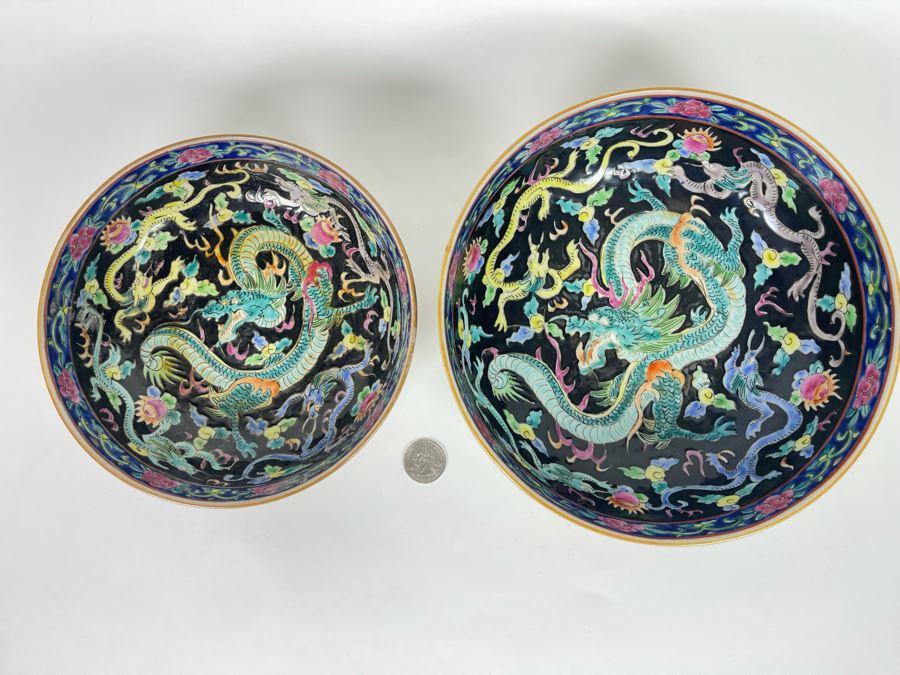 Pair Of Vintage Signed Hand Painted Chinese Dragon Motif Bowls 8.25R X 3.25H And 7R X 2.75H
