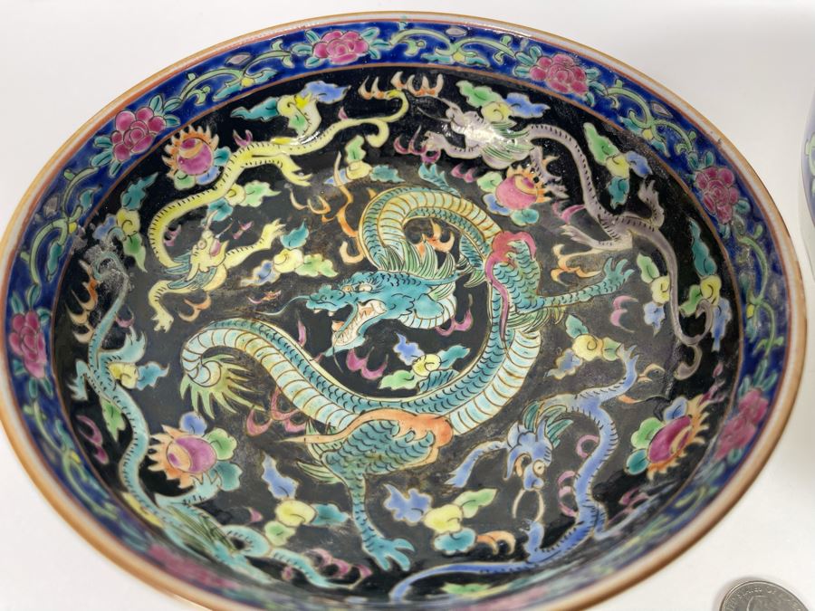 Pair Of Vintage Signed Hand Painted Chinese Dragon Motif Bowls 8.25R X 3.25H And 7R X 2.75H [Photo 9]