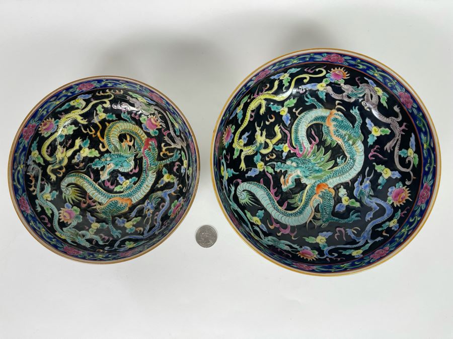 Pair Of Vintage Signed Hand Painted Chinese Dragon Motif Bowls 8.25R X 3.25H And 7R X 2.75H [Photo 4]
