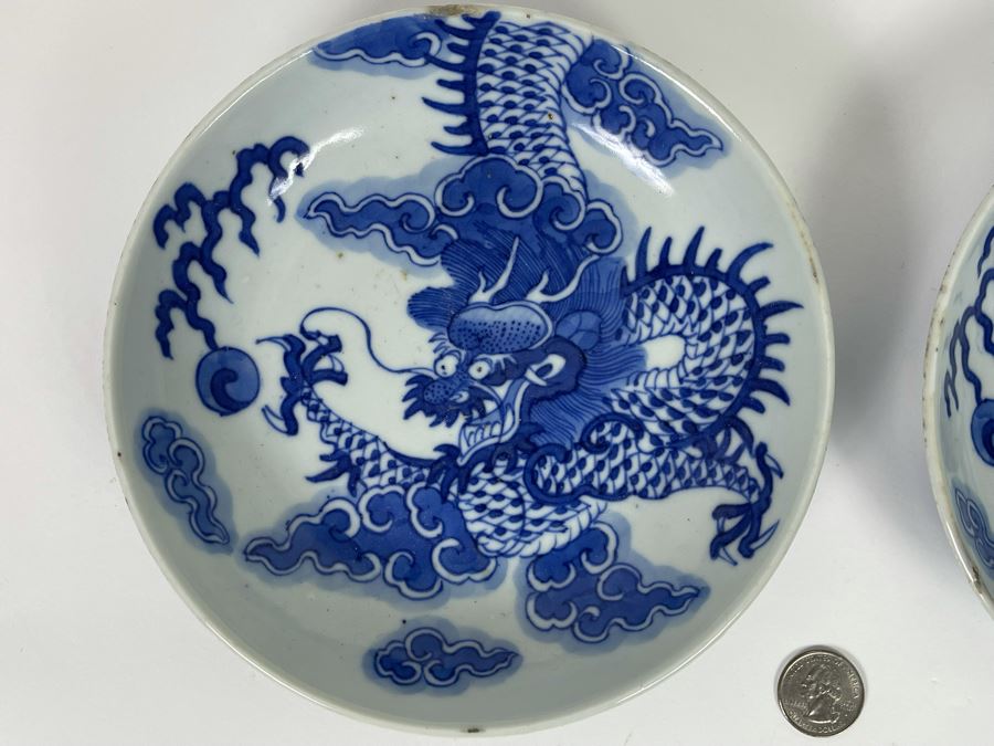 Pair Of Antique Signed Blue And White Chinese Porcelain Dragon Bowls - See Photos For Minor Chips 7.25R [Photo 7]