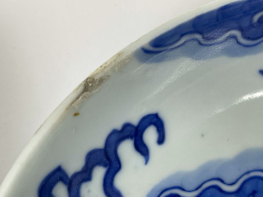 Pair Of Antique Signed Blue And White Chinese Porcelain Dragon Bowls - See Photos For Minor Chips 7.25R [Photo 6]