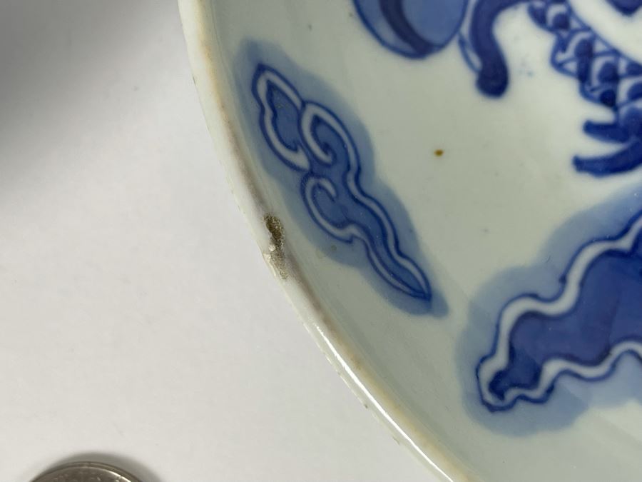 Pair Of Antique Signed Blue And White Chinese Porcelain Dragon Bowls - See Photos For Minor Chips 7.25R [Photo 5]