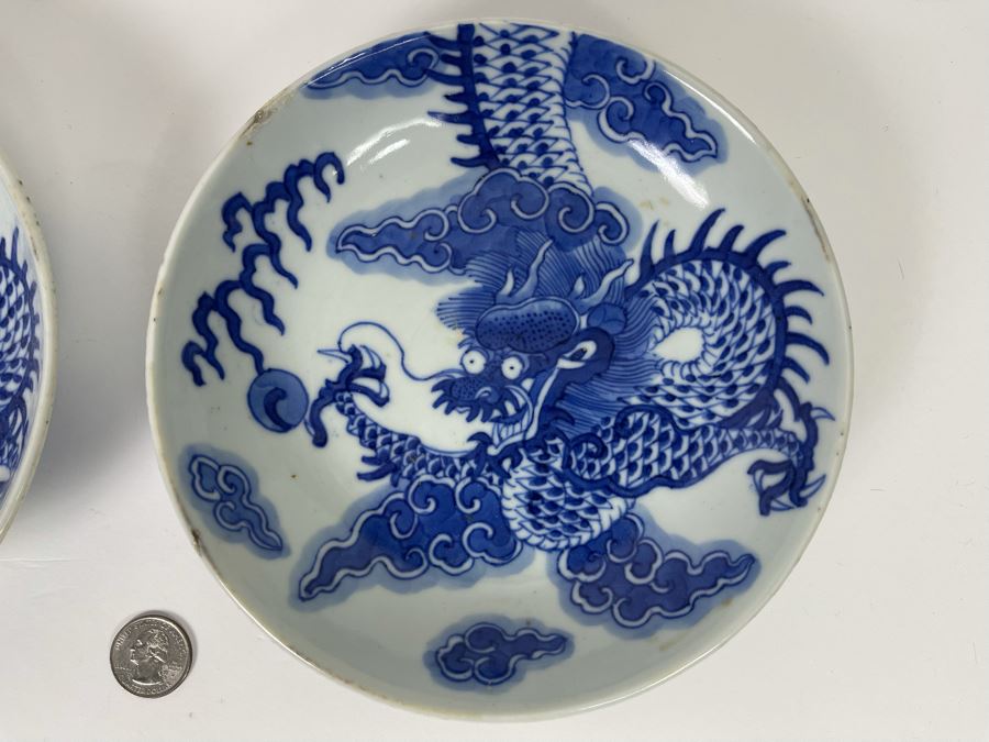 Pair Of Antique Signed Blue And White Chinese Porcelain Dragon Bowls - See Photos For Minor Chips 7.25R [Photo 3]