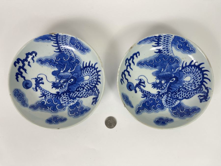 Pair Of Antique Signed Blue And White Chinese Porcelain Dragon Bowls - See Photos For Minor Chips 7.25R