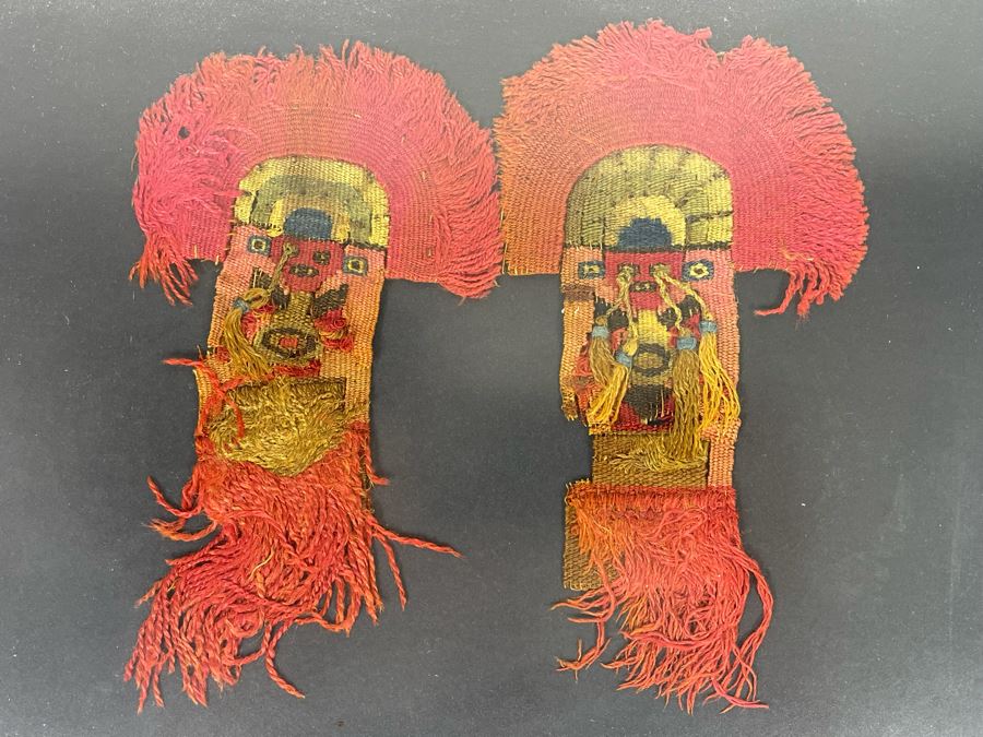 Pair Of Exceptional Antique Pre Columbian Moche Weavings Textile Framed 11.5 X 8.5 [Photo 3]
