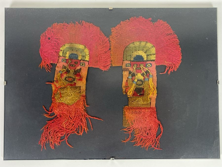 Pair Of Exceptional Antique Pre Columbian Moche Weavings Textile Framed 11.5 X 8.5 [Photo 2]