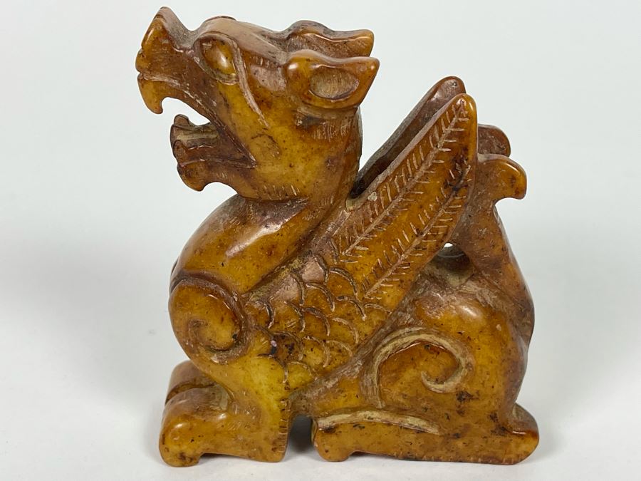 Old Chinese Carved Brown Stone Of Mythical Winged Animal 2.5W X 1.25D X 3H