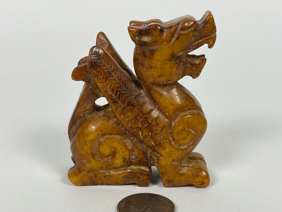 Old Chinese Carved Brown Stone Of Mythical Winged Animal 2.5W X 1.25D X 3H [Photo 2]