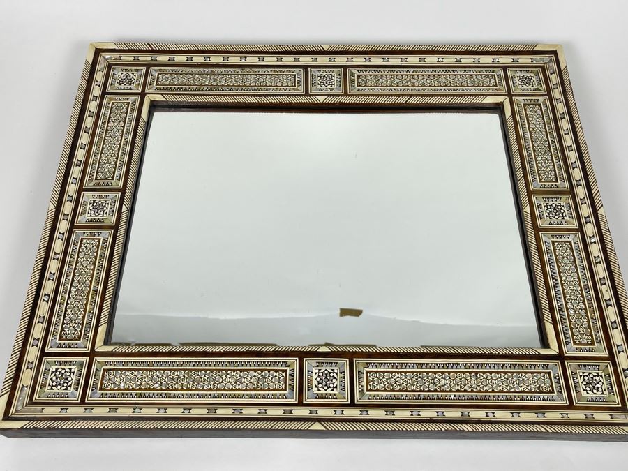 Hand Crafted Intricately Inlaid Geometric Mother Of Pearl, Wood And Bone Wall Mirror 20W X 16H X 1.5D [Photo 3]