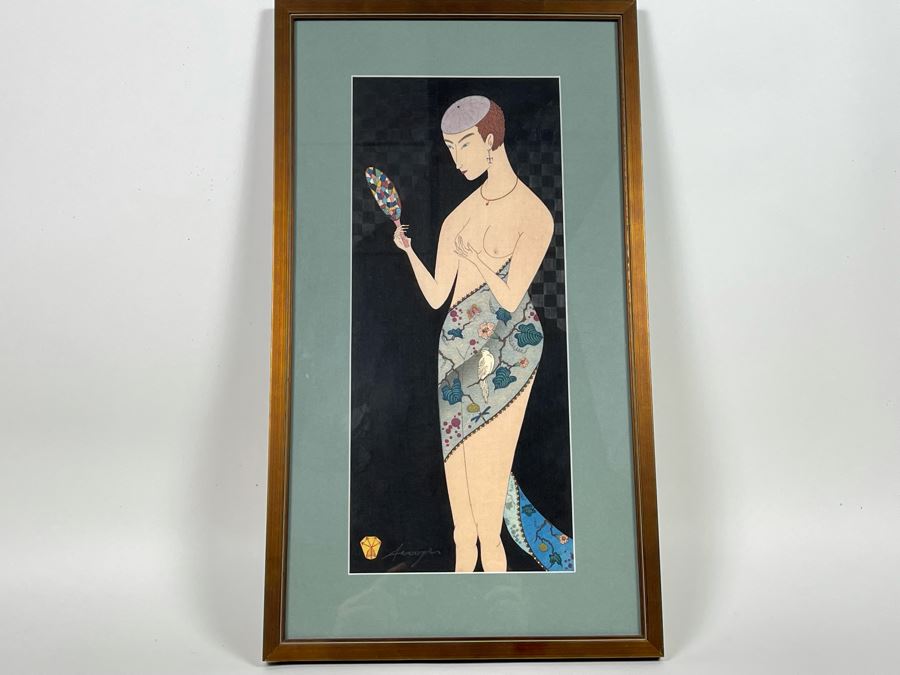 Signed Japanese Woodblock Print Of Nude Woman Framed 6.5 X 15.5 [Photo 2]